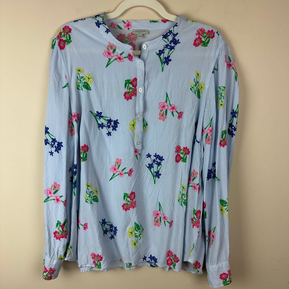 Talbots Striped Floral Button Front Top L Cottagecore Resortwear Coastal Preppy